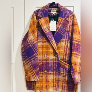 Sezane Harry Coat Carreaux Lainage Violet Jaune - Size 40/US 8